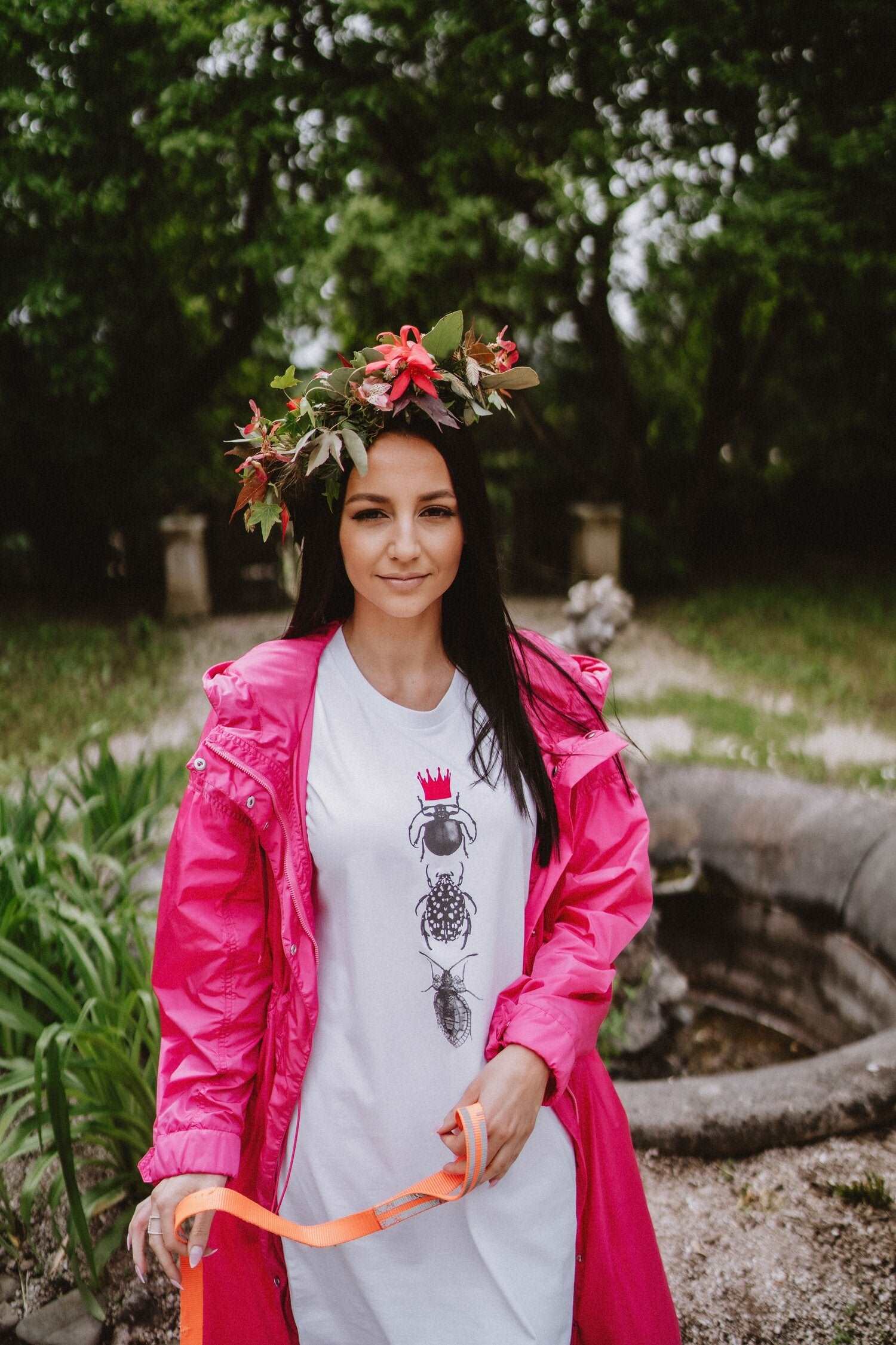 Damen T-Shirt-Kleid Drei Käfer mit rosa KRONE – Kurzarm, 180g Baumwolle