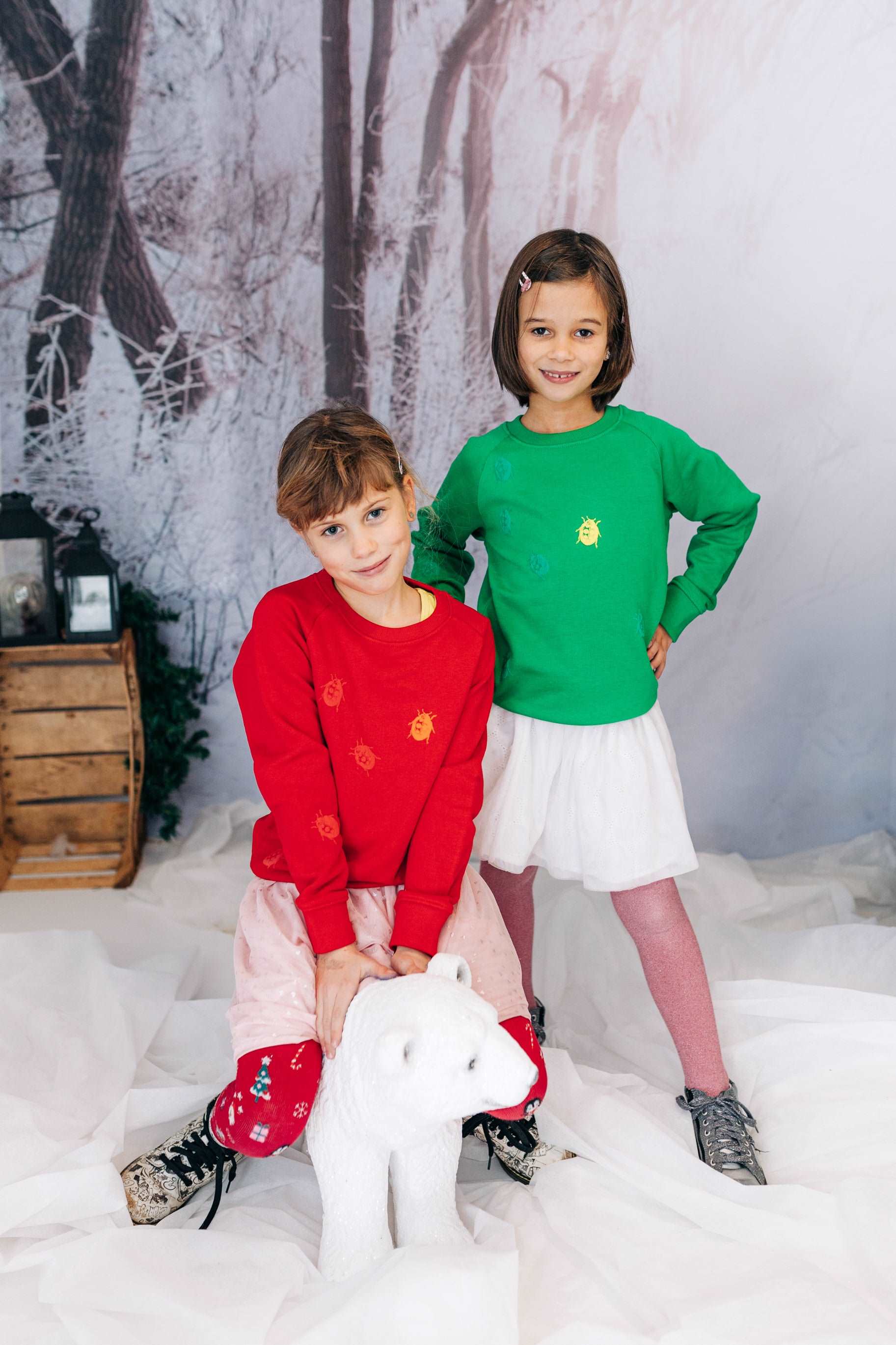 Roter und grüner Pullover und 3D Marienkäfer, Bio-Baumwolle