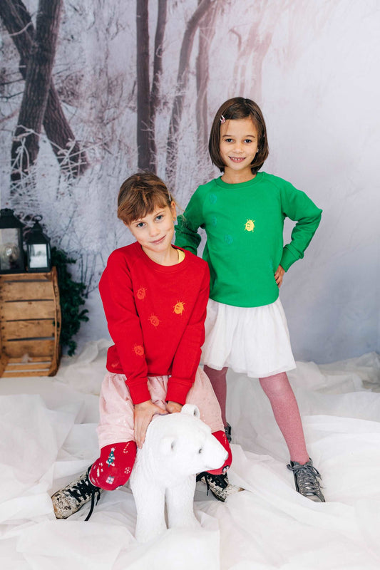 Roter und grüner Pullover und 3D Marienkäfer, Bio-Baumwolle