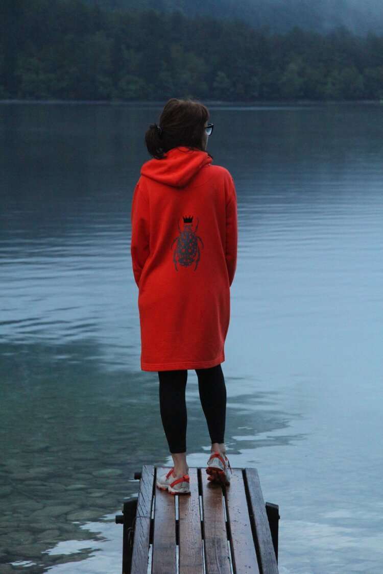 Orangefarbenes Hoodie-Kleid für Damen mit glänzenden schwarzen Käfer auf der Rückseite / Bio-Baumwolle