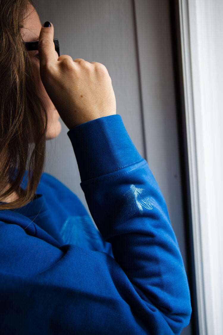 Parisblauer Pullover und drei silberne Schmetterlinge (Damenmodell, 300g BioBaumwolle)