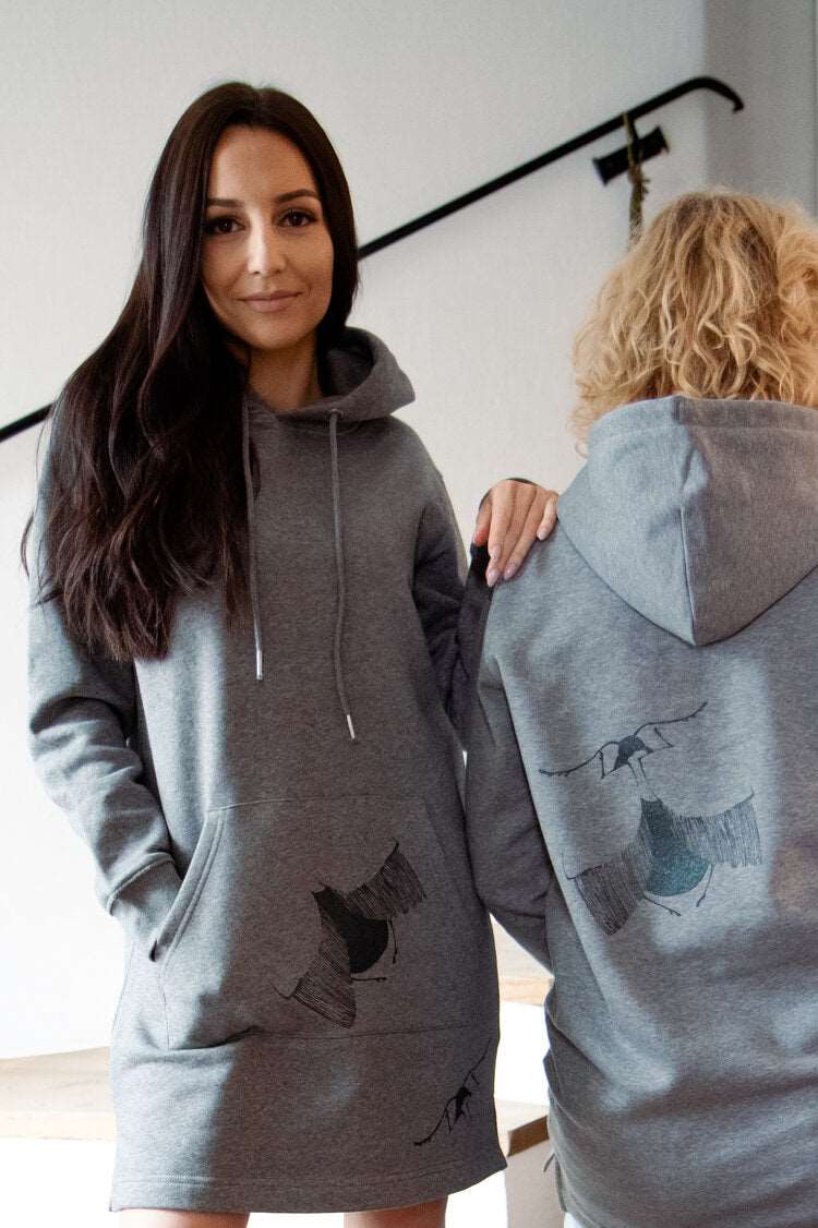 Graues Hoodie-Kleid und schwarzer GlitzerSchmetterling vorne und hinten/ 300g Baumwolle