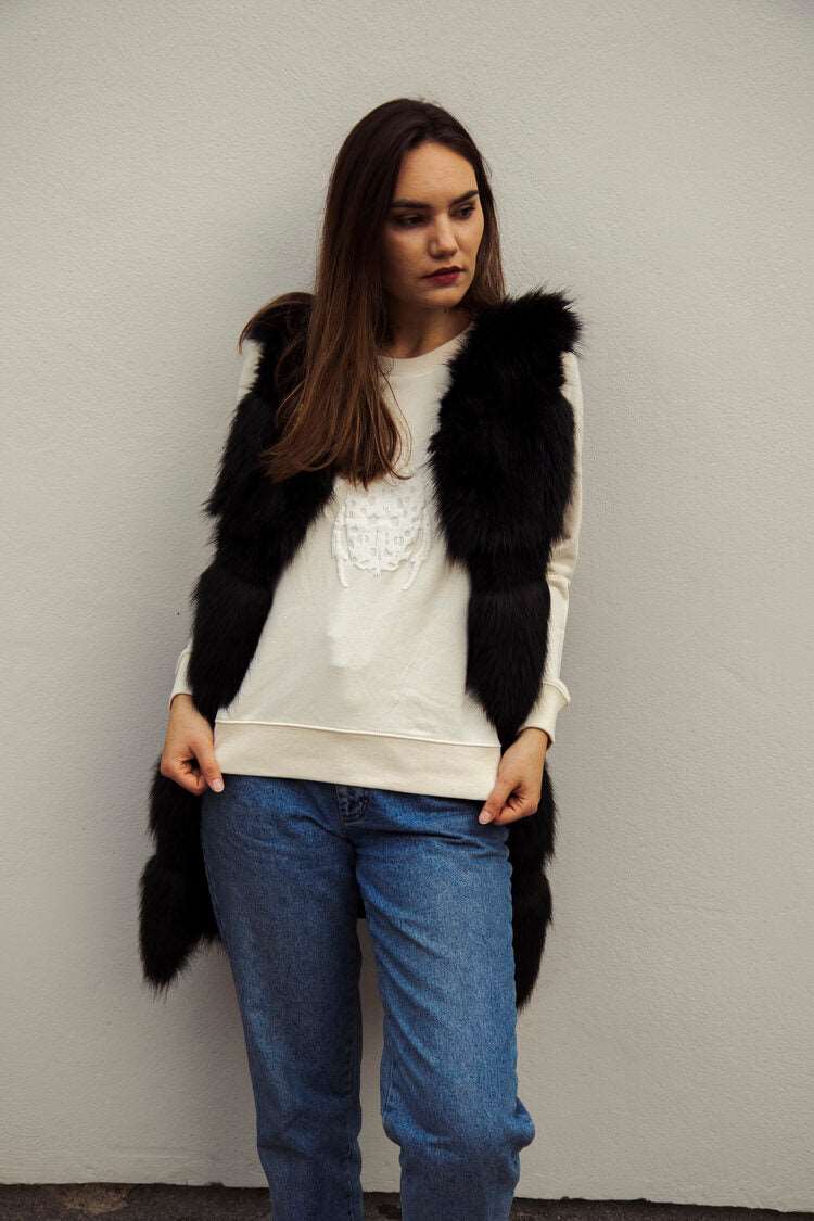 Weißer Off-white Pullover mit Käfer vorne im 3D-Print, 350g Bio-Baumwolle