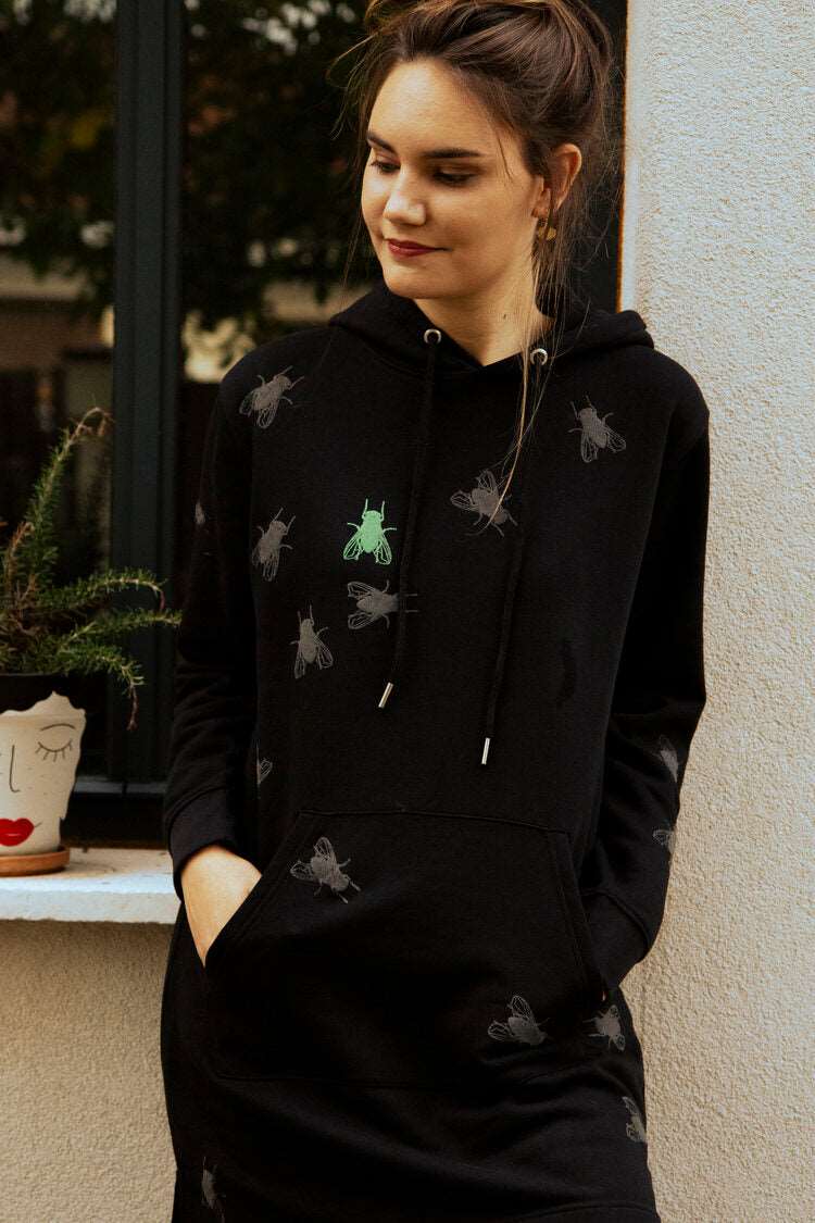 Hoodie-Kleid in Schwarz + Grau, Grün und zwei rosa Fliegen + 3D-Print / 350g Bio-Baumwolle