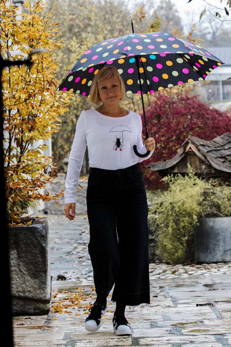 Glückliche Fliege mit Plüschschuhen und Regenschirm, Damenmodell, 120g Baumwolle