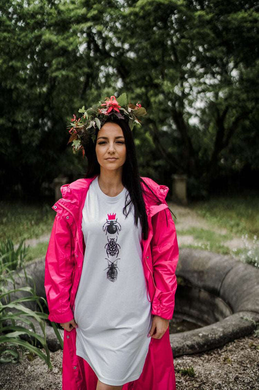 Damen T-Shirt-Kleid Drei Käfer mit rosa KRONE – Kurzarm, 180g Baumwolle