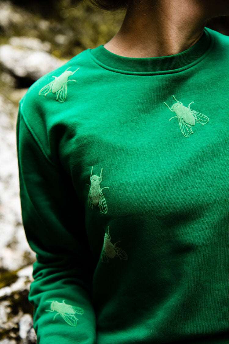 Grüner Pullover mit 3D-Print von Fliegen, Unisex Modell aus 300g Bio-Baumwolle