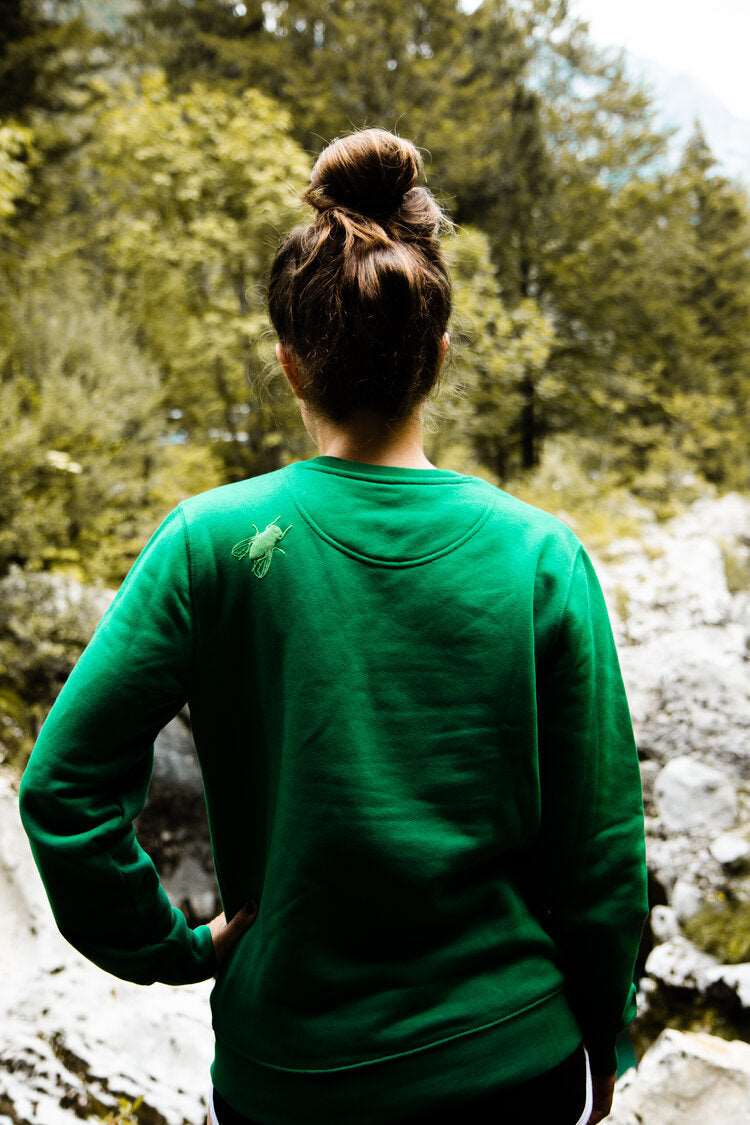 Grüner Pullover mit 3D-Print von Fliegen, Unisex Modell aus 300g Bio-Baumwolle