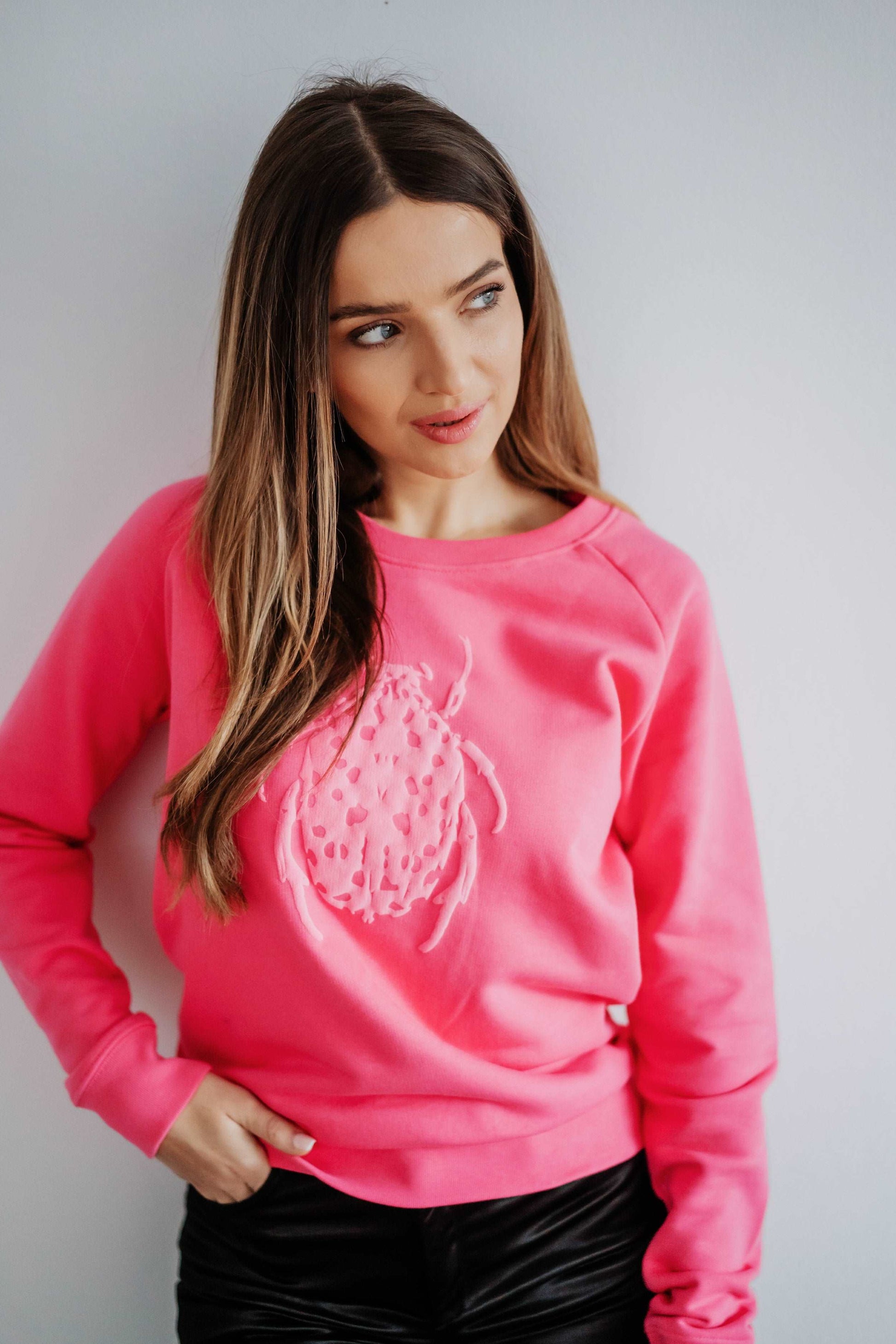 Pink Pullover (sweater) mit Pink Käfer (3DPrint), 350g Bio-Baumwolle